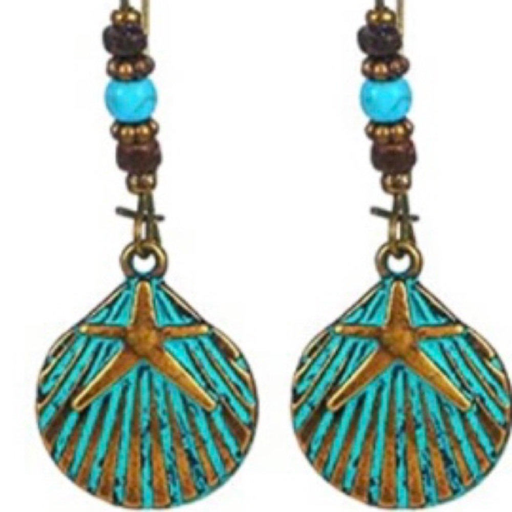 Seashell Earrings Turquoise Bronze Seashell Starfish Dangling Beaded Earrings - Picture 8 of 10